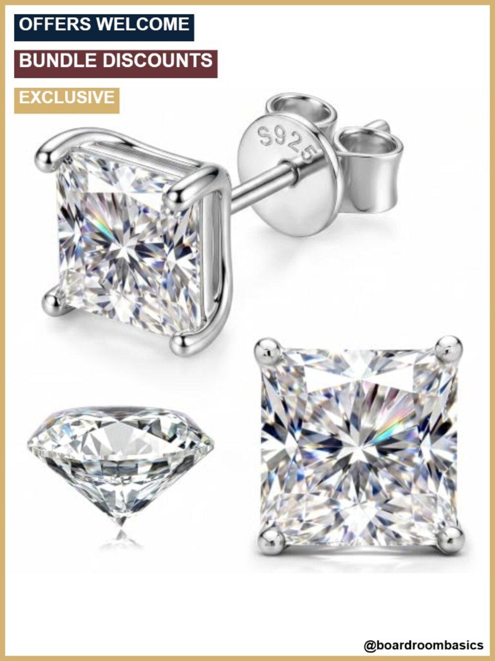 Moissanite Stud Earrings 925 Sterling Silver Hypoallergenic Princess Cut